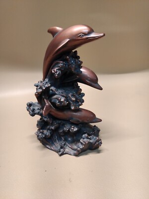 Dolphin Statue Collectable Figurine 3 Dolphins Riding Waves Brown Color 7  Tall