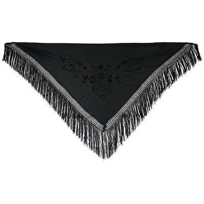 SCHWARZER FRANSEN BLÜTEN SCHAL Halloween Spanischer Flamenco Tango Kostüm Poncho