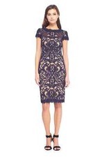 TADASHI SHOJI Navy Nude Corded Embroidered Tulle Lace Cocktail Sheath Dress 6 US