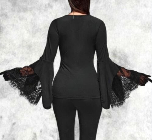 New Black Medieval Gothic Lace Insert Flared Sleeve Blouse Top size 2XL 20 22 24 - Picture 5 of 9