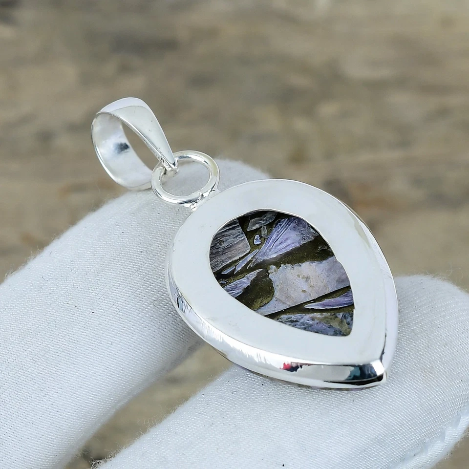 Pendente In Charoite Di Rame In Argento Sterling 925 Regalo Boho Per Amore - Immagine 4 di 4