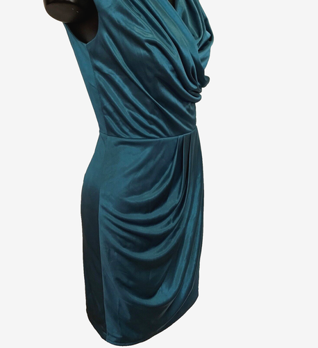 Vestido midi de diseñador EVENTS -Talla XS - Verde azulado/verde- Envoltura de satén frontal - Formal/Fiesta - Imagen 3 de 9