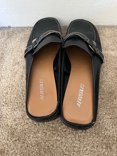Aerosoles Black Faux Leather Bordeaux Mules Slip on Flats Size 10M w/flaw - Picture 3 of 5