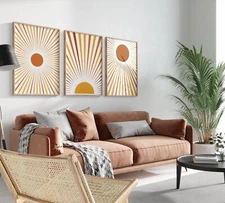3 Piece Canvas Wall Art Paintings Sun with Rays Modern Home Design Artwork