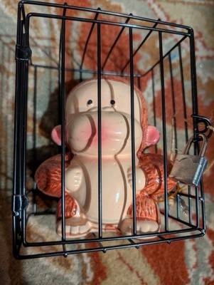 Vintage Monkey In Cage Bank With Key