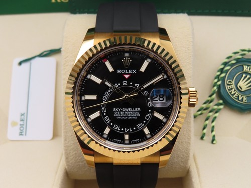 2021 Rolex Sky-Dweller 18k Yellow Gold Oysterflex 326238 Black Dial Full Set