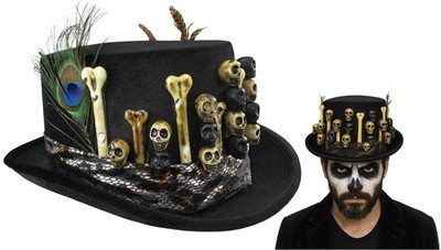Adult Black Voodoo Top Hat Skull Bones Feather Witch Doctor Costume  Headpiece