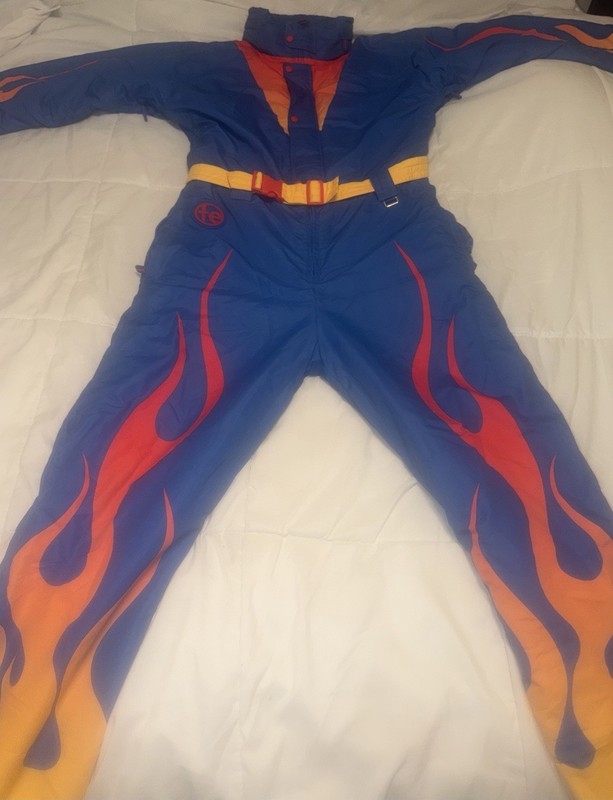 Vintage Elves Flame Ski Suit Mens Size Large Blue Orange Ski Snow Suit One Piece