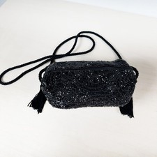 Black Beaded Evening Bag Seed Beads Formal Crossbody Purse Tassel Strap Wedding