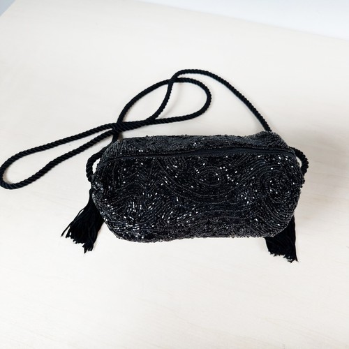 Black Beaded Evening Bag Seed Beads Formal Crossbody Purse Tassel Strap Wedding