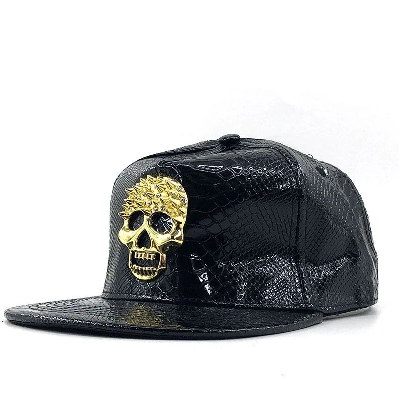 Gorra de béisbol de cuero PU con calavera de ala plana sombrero de hip hop para hombres gorra estilo baile callejero Foto 4 de 4