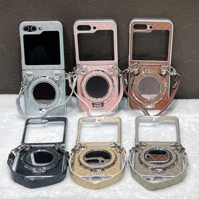 For Samsung Galaxy Z Flip 7/6/5/4/3 Magnetic PC Mirror Case Stand Cover+Strap
