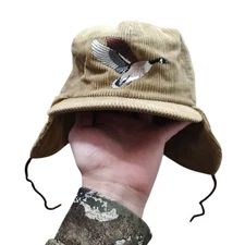Vintage Tan Corduroy Goose Hunting Hat Cap with Ear Flaps & Chin Ties Korea L