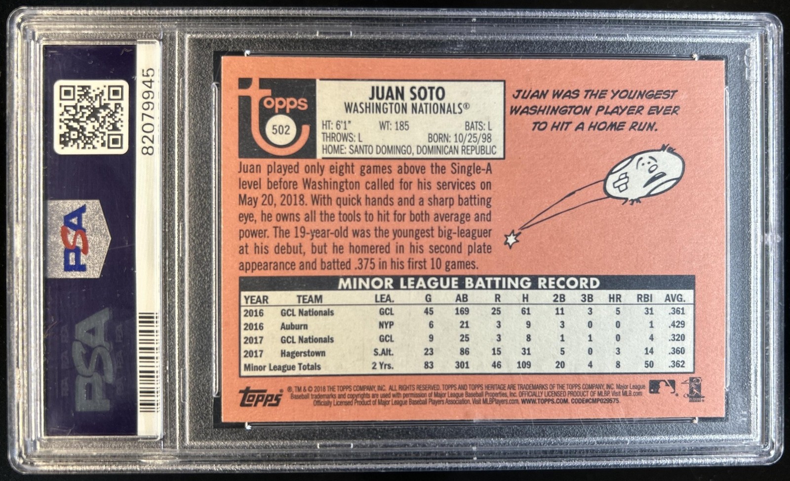 2018 Topps Heritage Juan Soto Auto Rookie RC #502 PSA 10/ 10 Auto! view 2