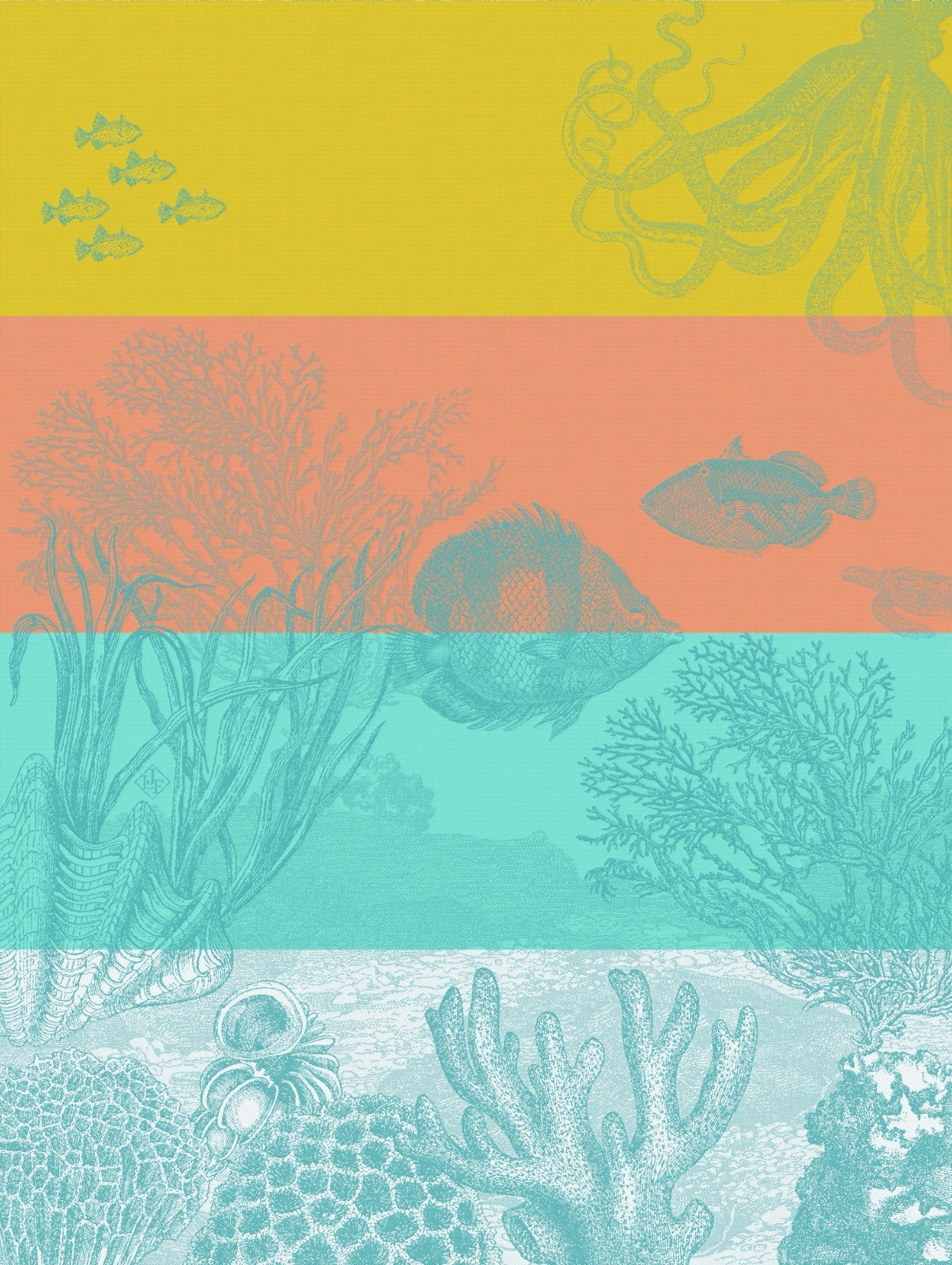 Jacquard Français ""Sous L’Ocean"" (Coral), Woven cotton tea towel. Made in France