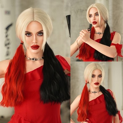 Halloween Harley Quinn Wig Red Black Long Curly Pigtails Cosplay Costume wigs