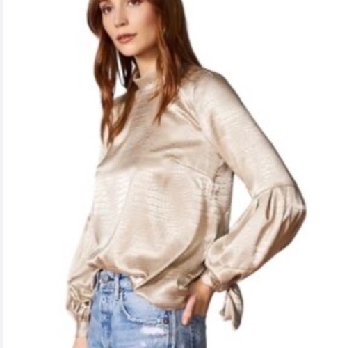 Hutch Champagne Beige Satin Balloon Long Sleeve Blouse High Neck Women's Large - Picture 2 of 20
