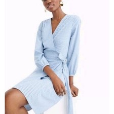 J.Crew Blue White Stripe Wrap Midi Dress Long Sleeve Belted Casual V-Neck