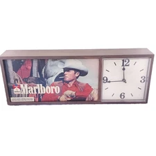 Vtg Marlboro Man Lighted Wall Clock Sign Cowboy Country Philip Morris 26"x10"