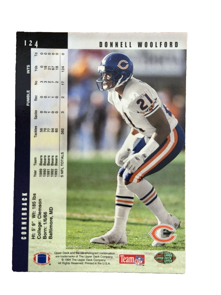 Excellent: Vintage 1994 UPPER DECK Donnell Woolford Chicago Bears Trading Card - Image 2 of 2