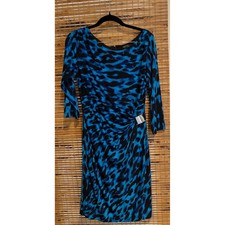 Tahari Arthur S Levine Blue Black Animal Print Ruched Sheath Dress 6 Buckle