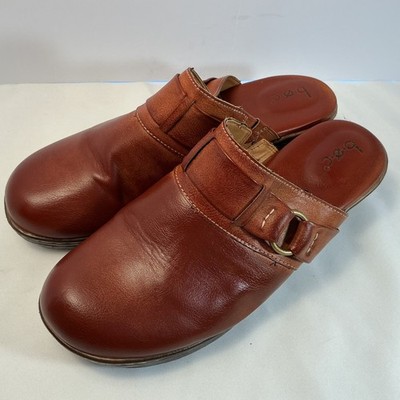 B.O.C. Born  Womens Leather Clogs Mules Cognac Brown Wood Heel Slip On Size 11
