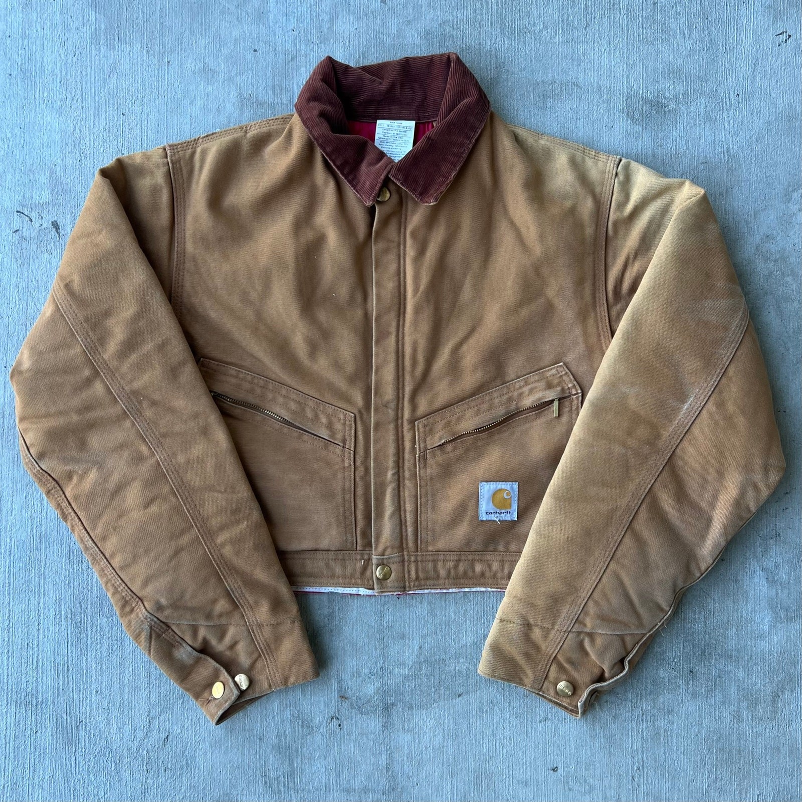 Vintage Y2K Brown Cropped Carhartt Detroit Work Jacket with Stained Distressed Look  