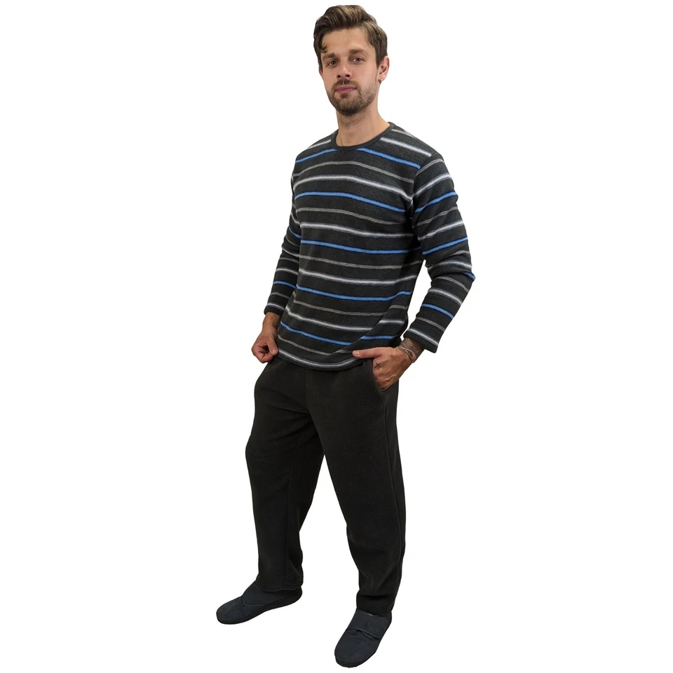Mens Fleece Warm Soft Pyjamas Striped PJ Set Nightwear Nightsuit Pyjama S-4XL