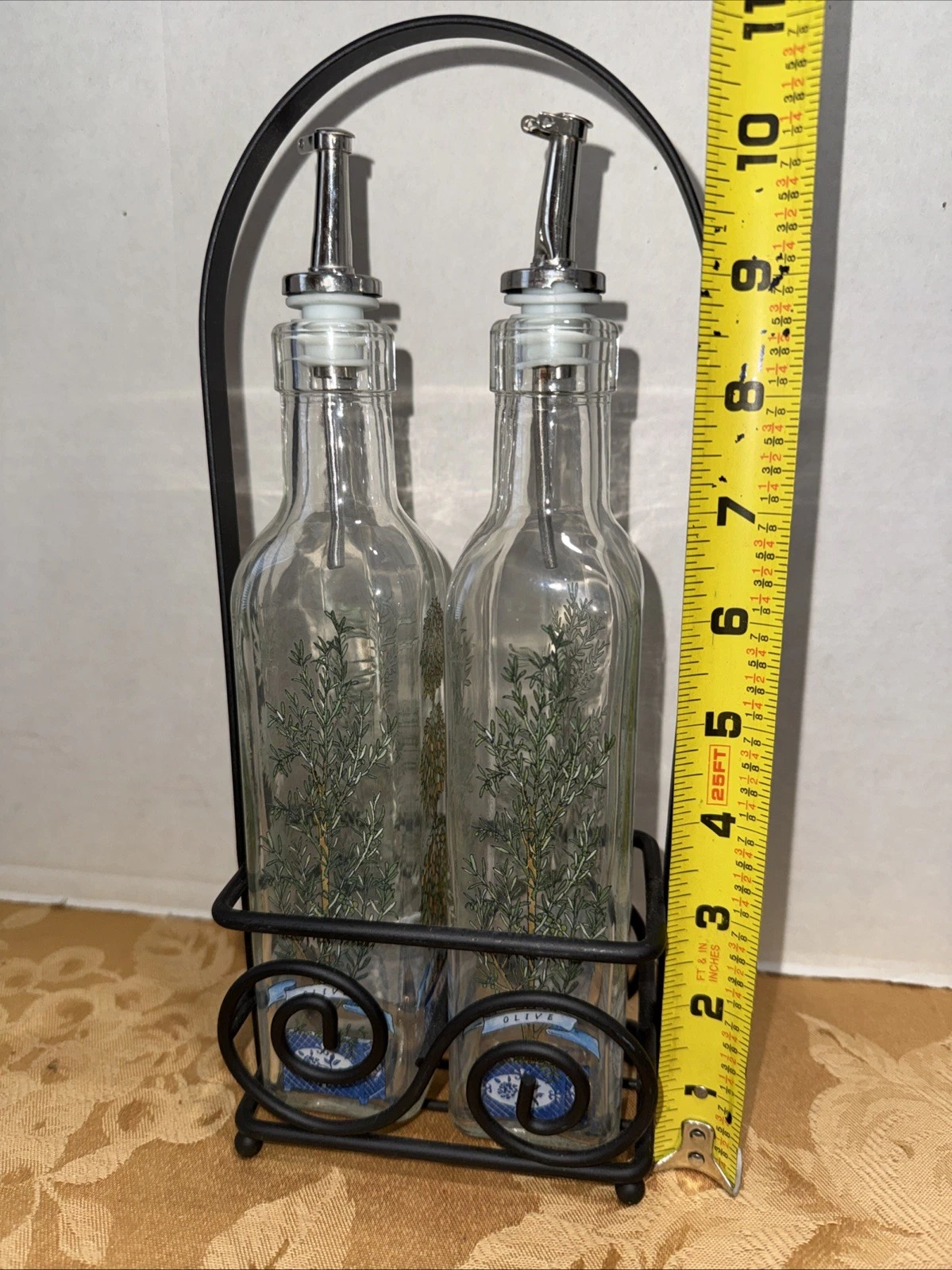 Olive Oil Glass Dispenser With Metal Holder - Olive Floral Pattern