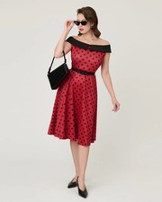 UNIQUE VINTAGE RED & BLACK  DOT OFF THE SHOULDER SWING DRESS – NEW – REG & PLUS