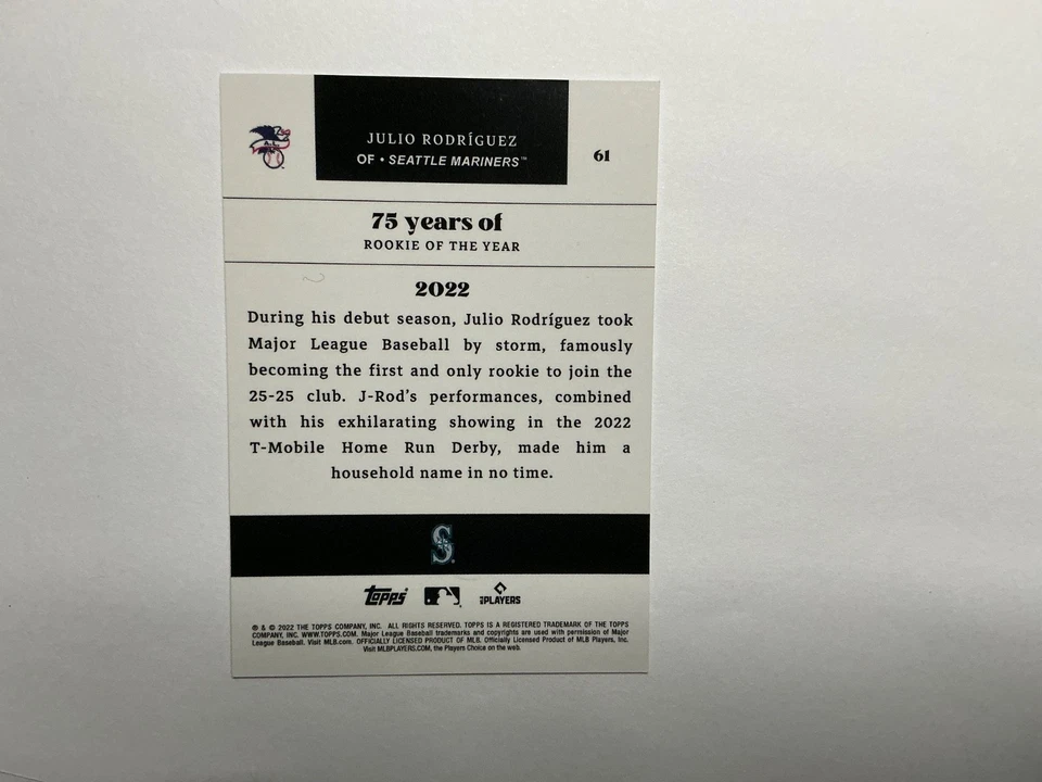 2022 Topps 75 Years of Rookie of the Year - JULIO RODRIGUEZ RC #61 - Mariners - Image 2 of 2