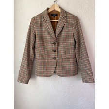Talbots Plaid Wool Blend Riding Blazer Jacket Elbow Patches Multicolor Size 2