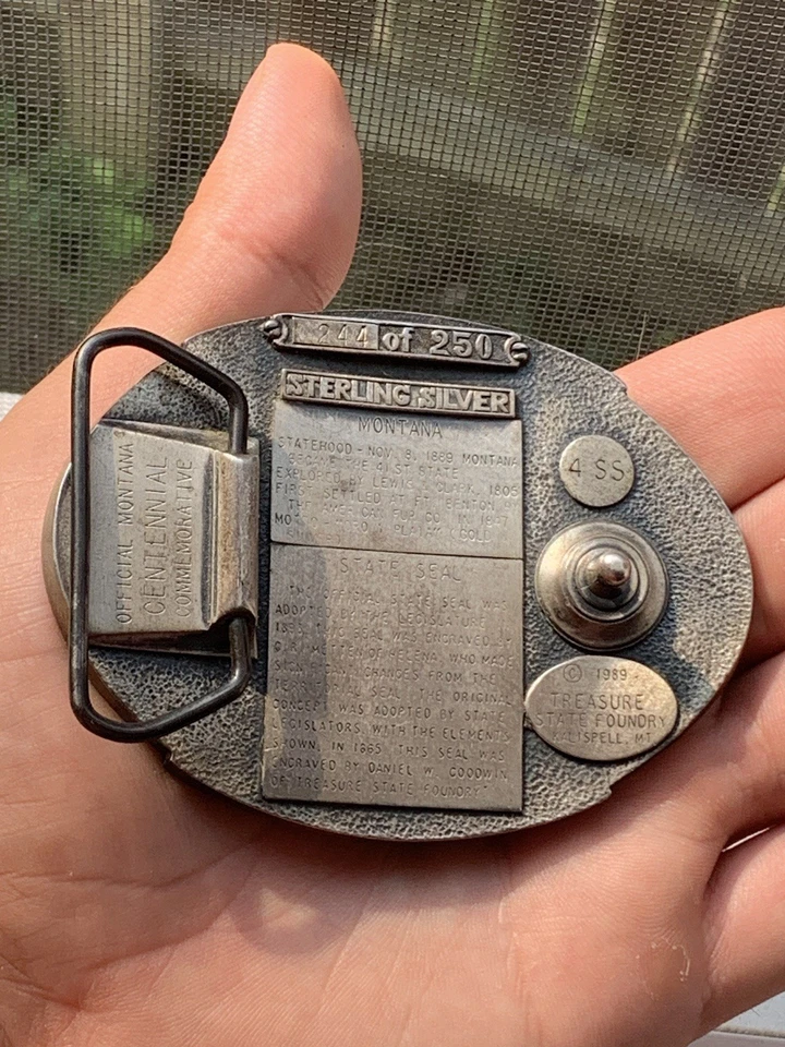 Hebilla de zafiro centenario Montana 1989 plata esterlina detallada pesada vintage Foto 3 de 3