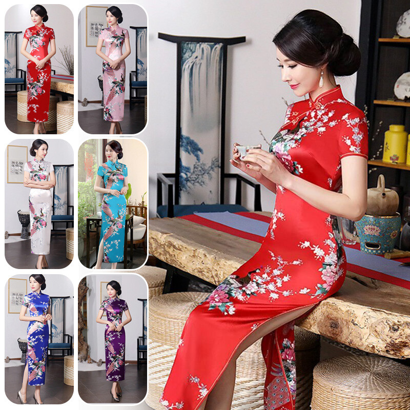 chinese print satin dress Traditional Chinese Women's Silk Satin Cheongsam Phoenix Print Slim Long  Dress