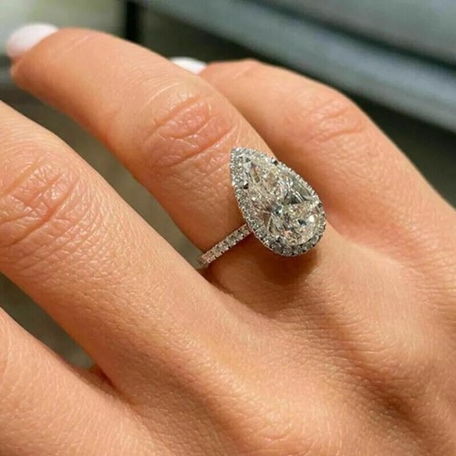 3ct Pear lab created Diamond 14K White Gold Plated women's For Gift Wedding ring
