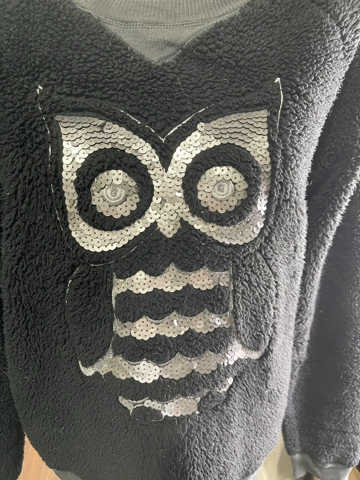 全新带标签 Kensie 黑色亮片抓绒猫头鹰运动衫睡眠睡衣休闲上衣 L — 第 3/4 张图片
