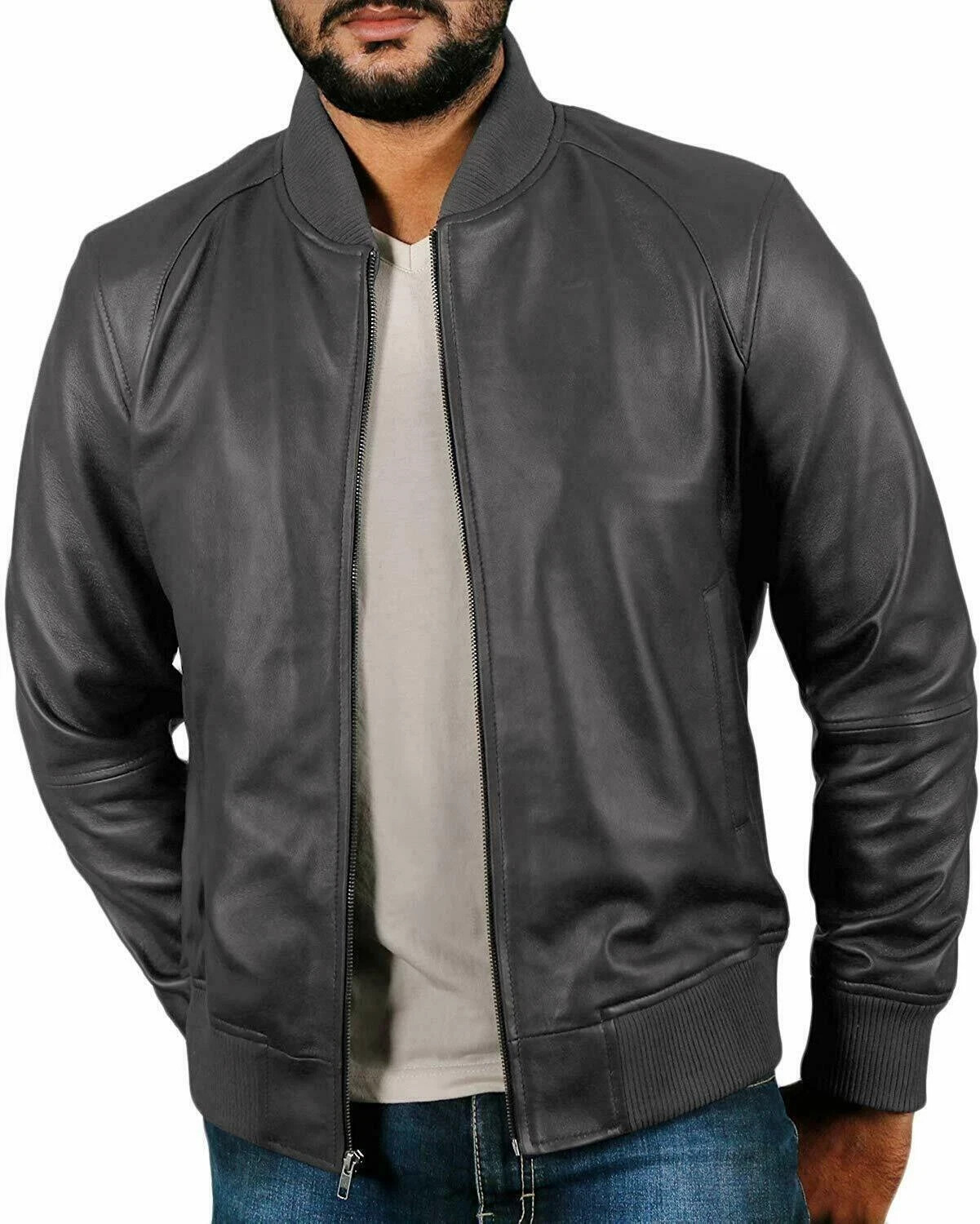 Chaqueta gris de piel de cordero para motociclista para hombre de cuero hecho...