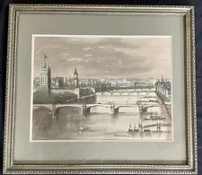 ORIGINAL London Watercolor Painting Vintage Framed Matted 1920-40s GEORGE RENNIE