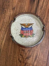 Vintage Bicentennial Americana Ashtray American Eagle Stoneware Union Flag 4.5”
