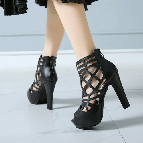 Sandalias de plataforma para damas Peep Toes tamaño grande bloque tacones altos zapatos huecos cremallera - Imagen 6 de 22