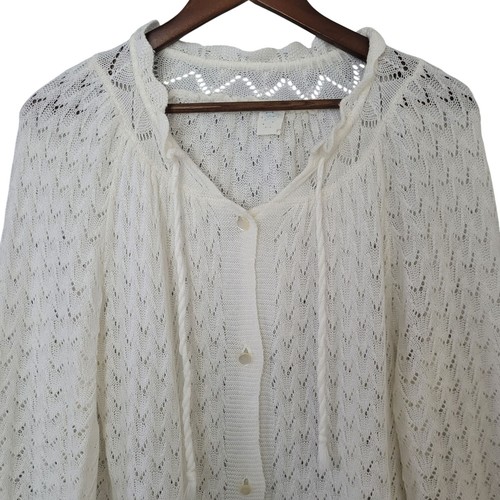 Womens Knit Button-Up Cardigan Sweater M/L White Bell Sleeves Cottagecore - Picture 4 of 8