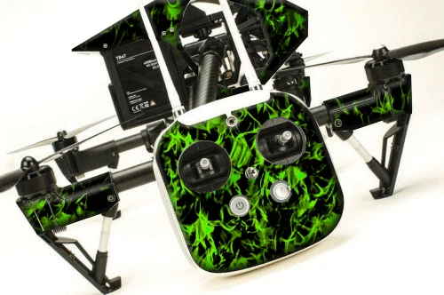 DJI Inspire 1 Quadcopter/Drone, Transmitter, Battery Wrap/Skin | Green Flames