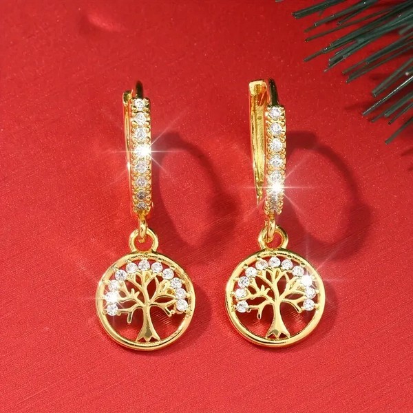 Alternate view of Elegant Tree Design Drop Earrings For Women, 14k Gold Plated Shiny