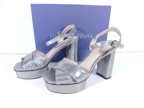 Stuart Weitzman Exposed Steel Fractured Plateausandale Absatz Silber Damen 8M Neu