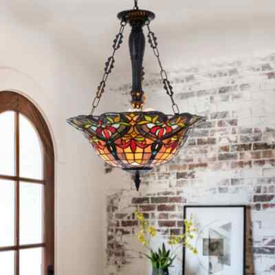 3-Light Tiffany Geometric Chandelier Semi Flush Mount Stained Glass Pendant Lamp