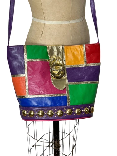 1980s bucket bag with metallic gold and gold studs