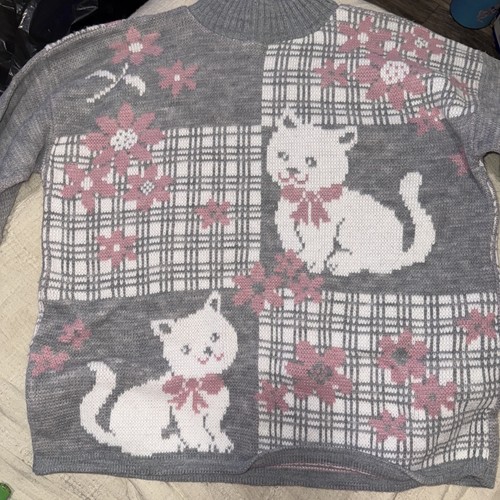 VTG 80s Pastel Knit KITTEN Cat Sweater Sz M
