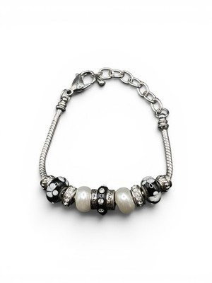 Silver Black White Beaded Glass Charm Snake Chain Bracelet Adjustable 7 -9 
