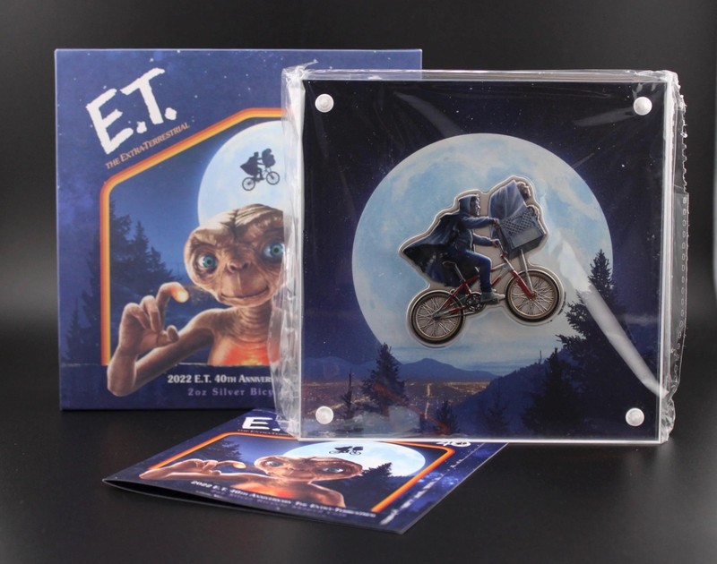 2022 E.T. 40th Anniversary 2oz Silver .999 Bicycle Shaped Coin Niue Box Acrylic