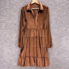 Unbranded Dress Women M Medium Brown Shift Midi Collared Long Sleeve Casual